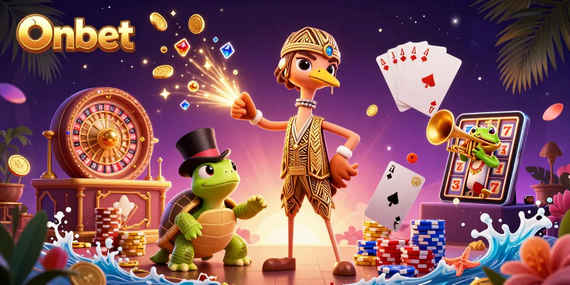 Experience the thrill of Onbet with engaging characters and stunning casino visuals in this dynamic illustration.