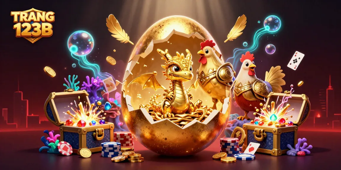 Play exciting games at TRANG CHỦ 123B, featuring a stunning illustration of gilded treasures and festive gaming elements.