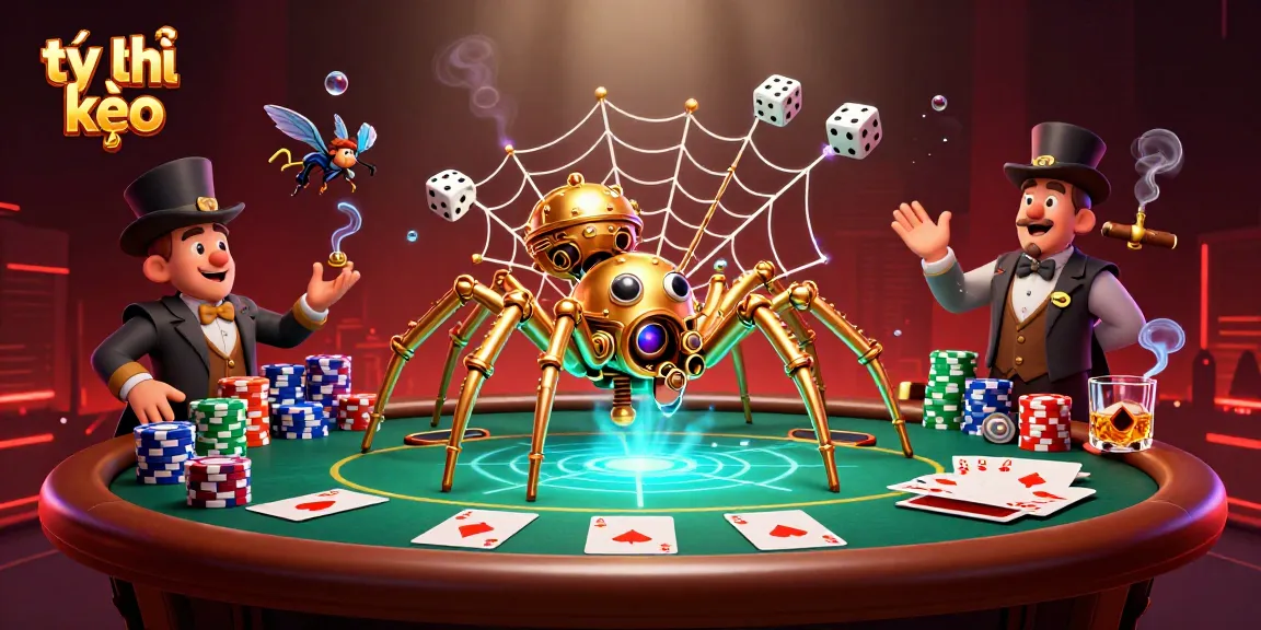 Engage with tỷ lệ kèo through captivating 3D illustration of a steampunk spider crafting a poker web.