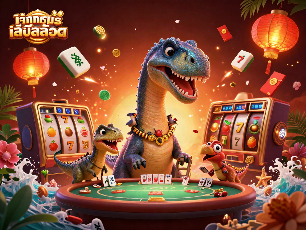 Engage in ทดลองเล่นสล็อต with a dynamic scene of a giant dinosaur and vibrant casino elements.