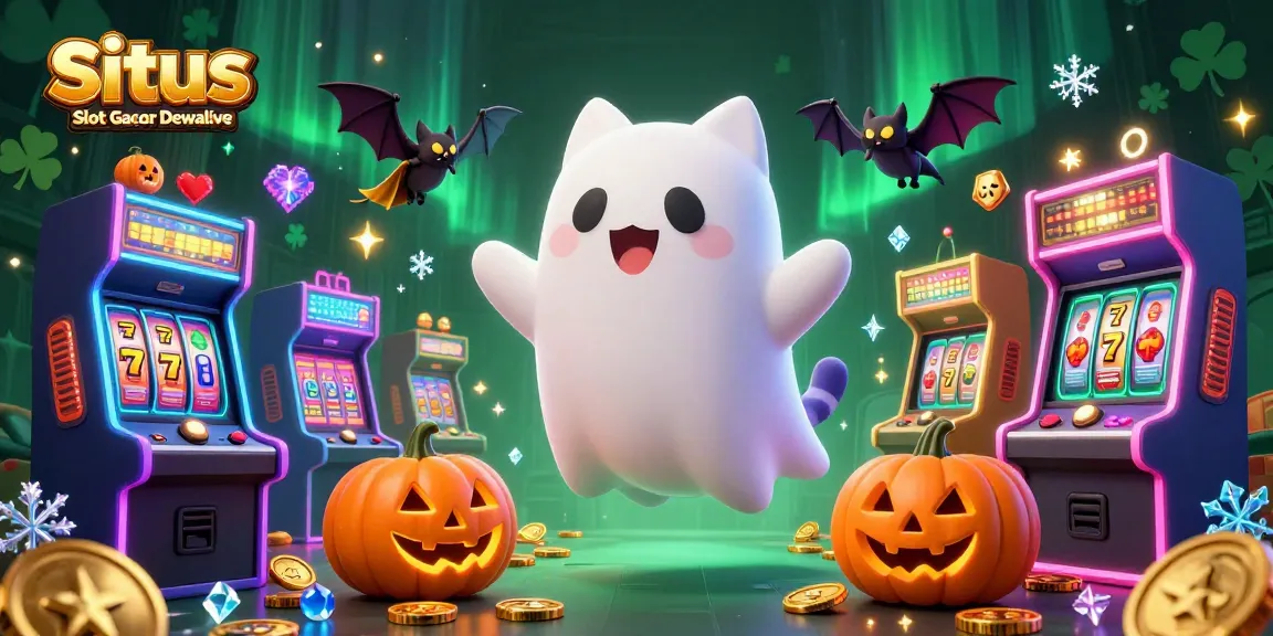 Situs Slot Gacor Dewalive showcases a vibrant scene of a ghost cat and vampire bat amid colorful casino elements.