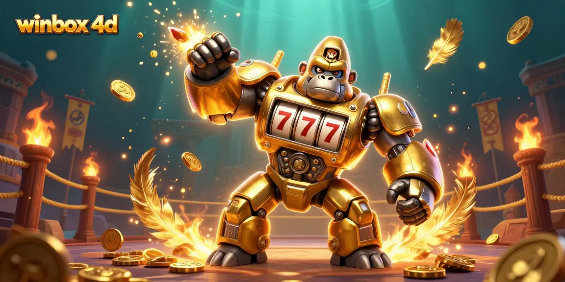 Engage in thrilling games with winbox 4d, featuring a gorilla mech and vibrant casino elements.