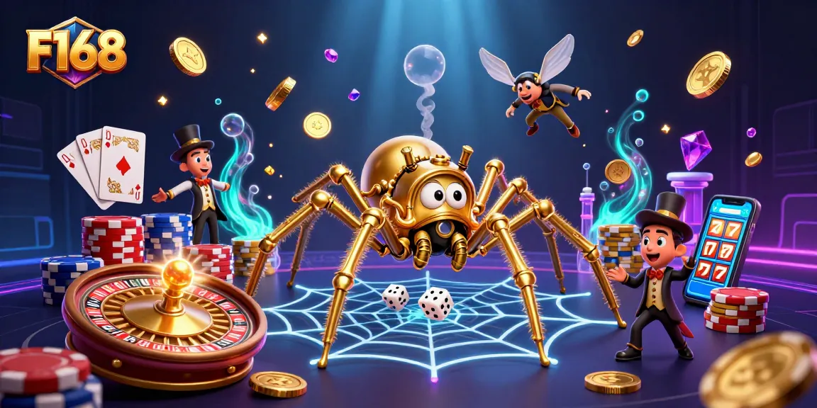 Experience F168 with a captivating illustration of a steampunk spider catching dice amidst casino elements.