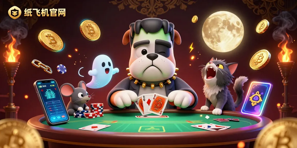 Engage in thrilling poker action with 纸飞机官网, featuring Frankenstein bulldog dealer and vibrant crypto elements.