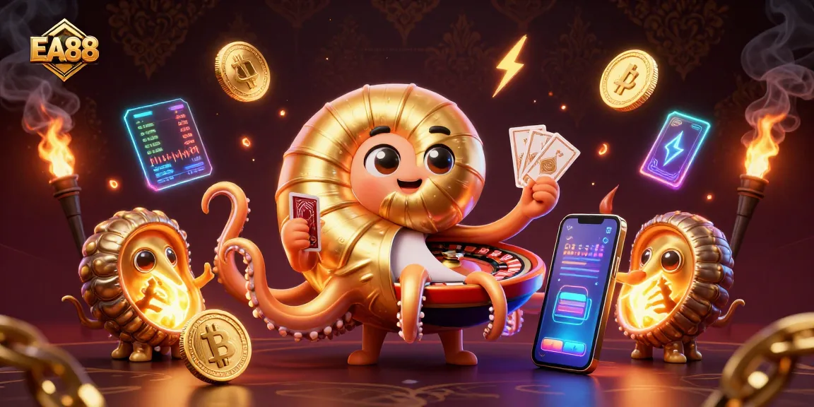 EA88 showcases an ancient giant nautilus as a roulette wheel, embodying dynamic gambling action with glowing currencies.