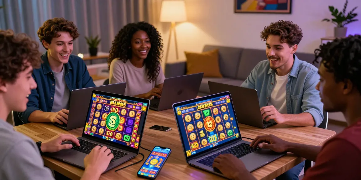 Players excitedly engaging with bonus buy slots on various devices in a cozy gaming environment.