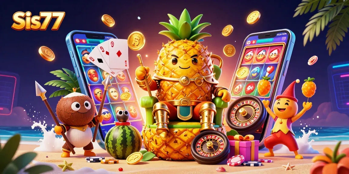 Permainan slot menarik di Sis77 dengan raja nanas dan jester, menciptakan suasana kasino yang ceria.