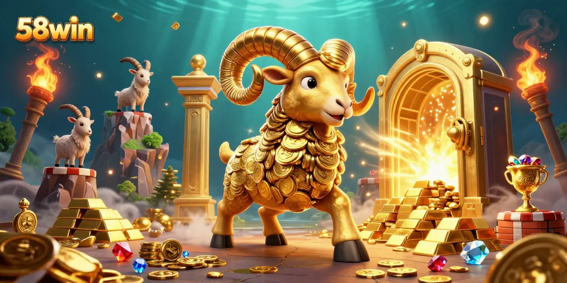 Engage with thrilling 58win gaming experiences, where a golden ram charges through a dazzling treasure vault