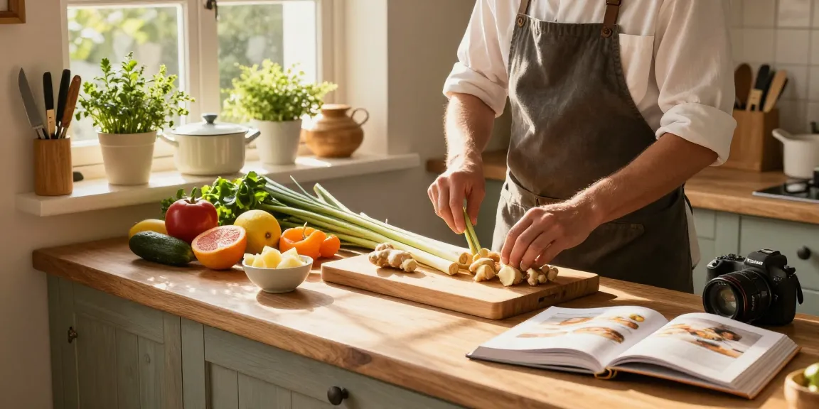 Cooking with fresh ingredients like ginger and lemongrass, promoting healthy meals and เว็บสล็อต inspiration.