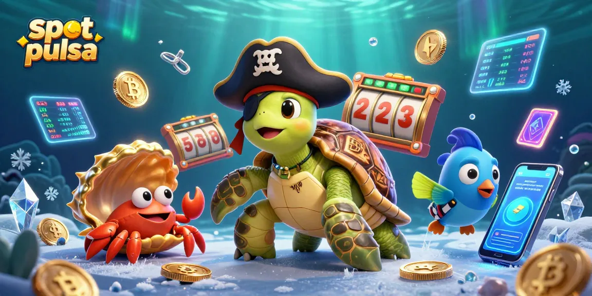 Experience thrilling slot pulsa gaming with a pirate turtle amidst crypto treasures.
