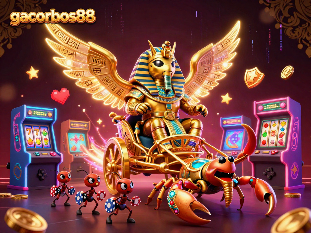 Engage with gacorbos88’s slot adventure featuring a colossal scarab and jewel-encrusted chariot.