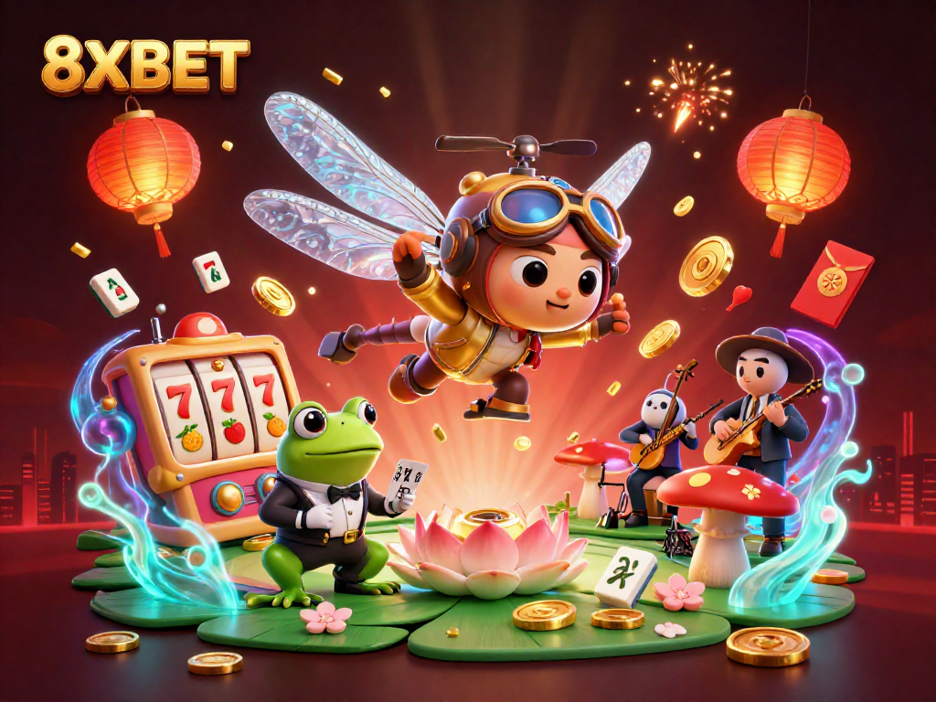 8XBET showcases a vibrant fantasy casino scene with dynamic characters and gaming elements.