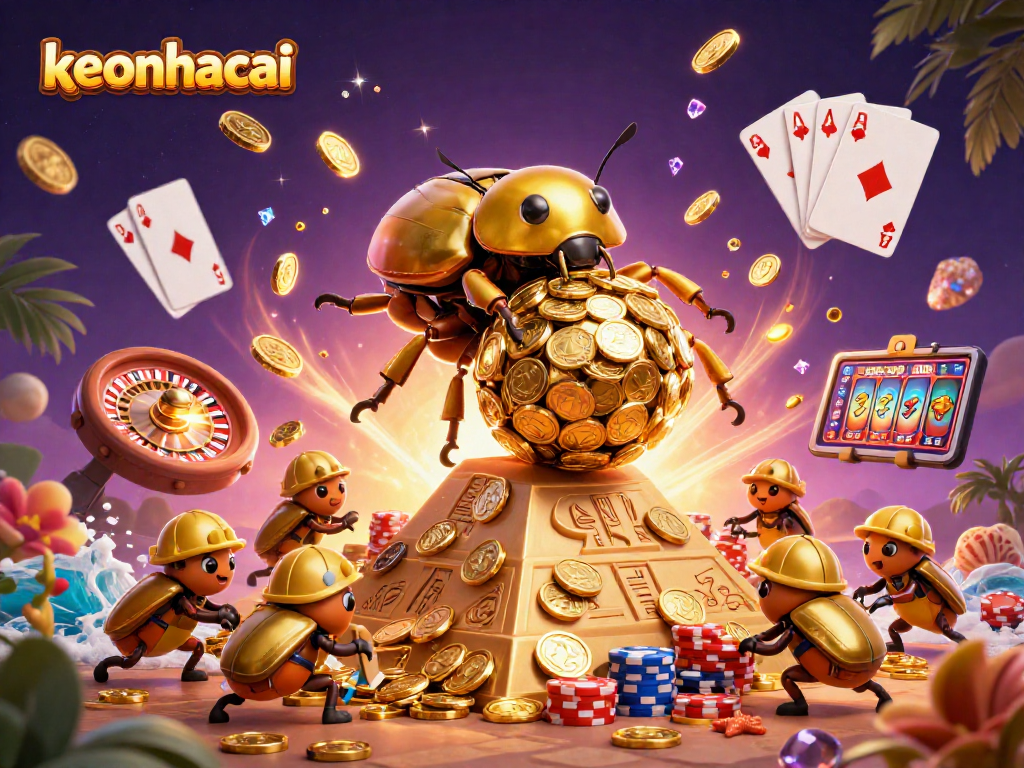 Engage in the thrill of keonhacai as a golden dung beetle rolls coins up a pyramid in this vibrant casino scene.