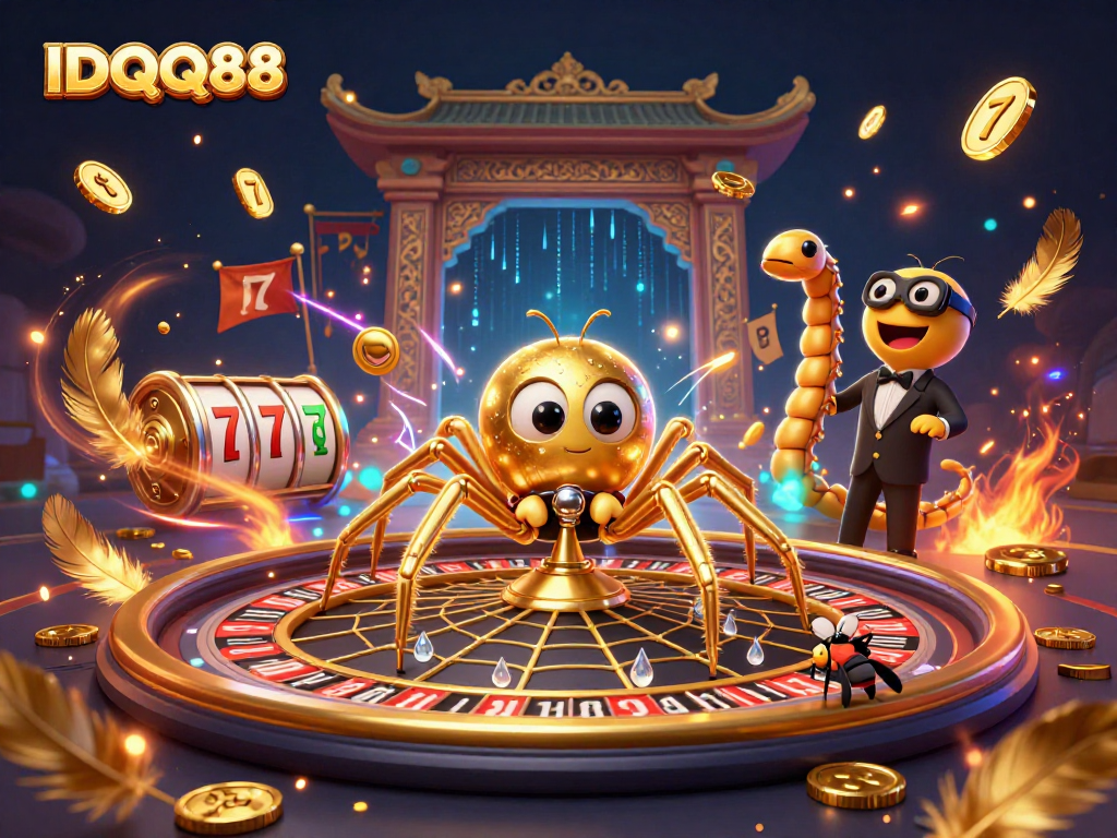 Experience winning at IDQQ88 with a vivid casino-themed 3D illustration featuring roulette and slot elements.