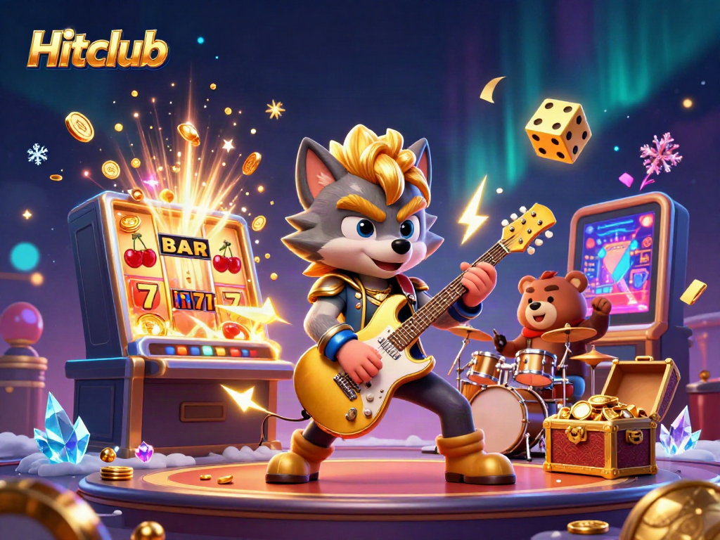 Hitclub gaming scene with a rock star wolf and drummer bear creating excitement amidst slot explosions, celebrating casino winnings.