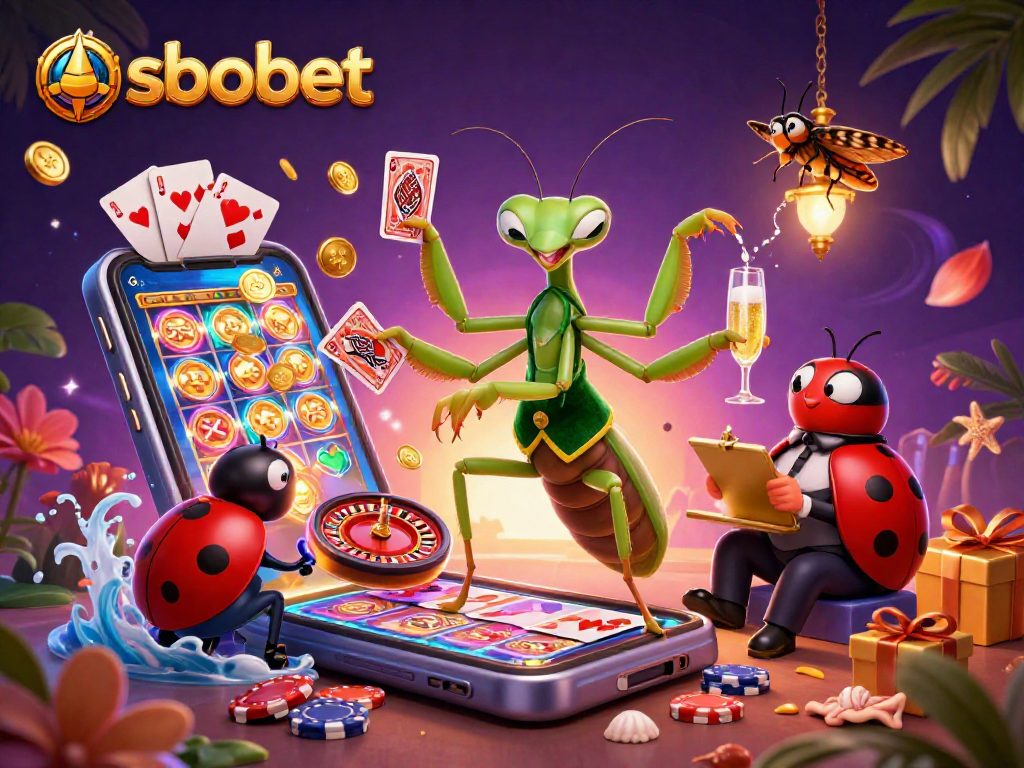 Experience sbobet excitement with vibrant casino elements and lively cartoon characters in this dynamic illustration.