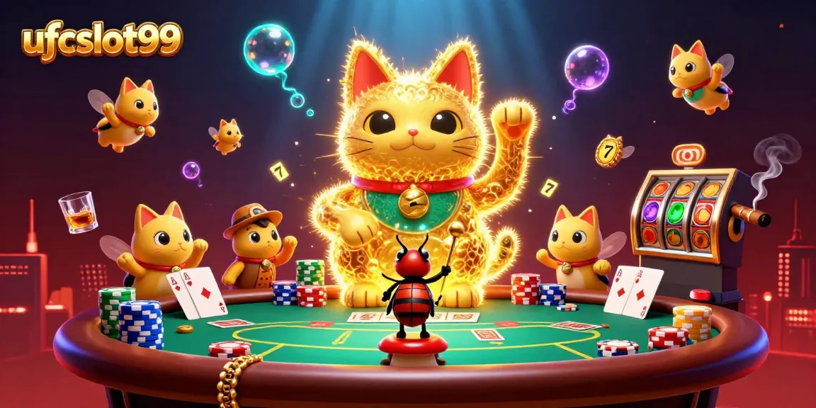 Experience the vibrant atmosphere of ufcslot99 with a lucky cat and dynamic casino scene bursting with color