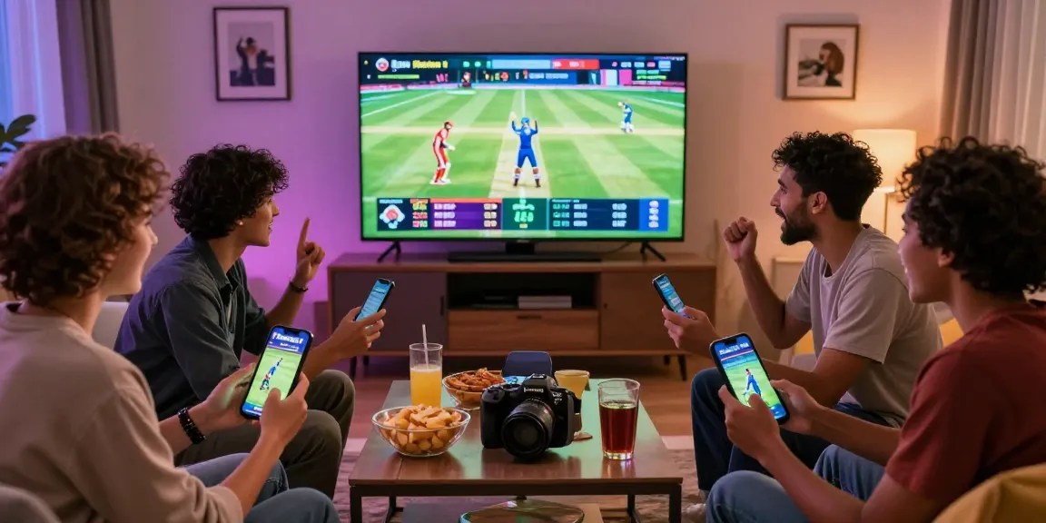 Friends engaged in thrilling FairPlay login while enjoying live cricket betting in a lively room.