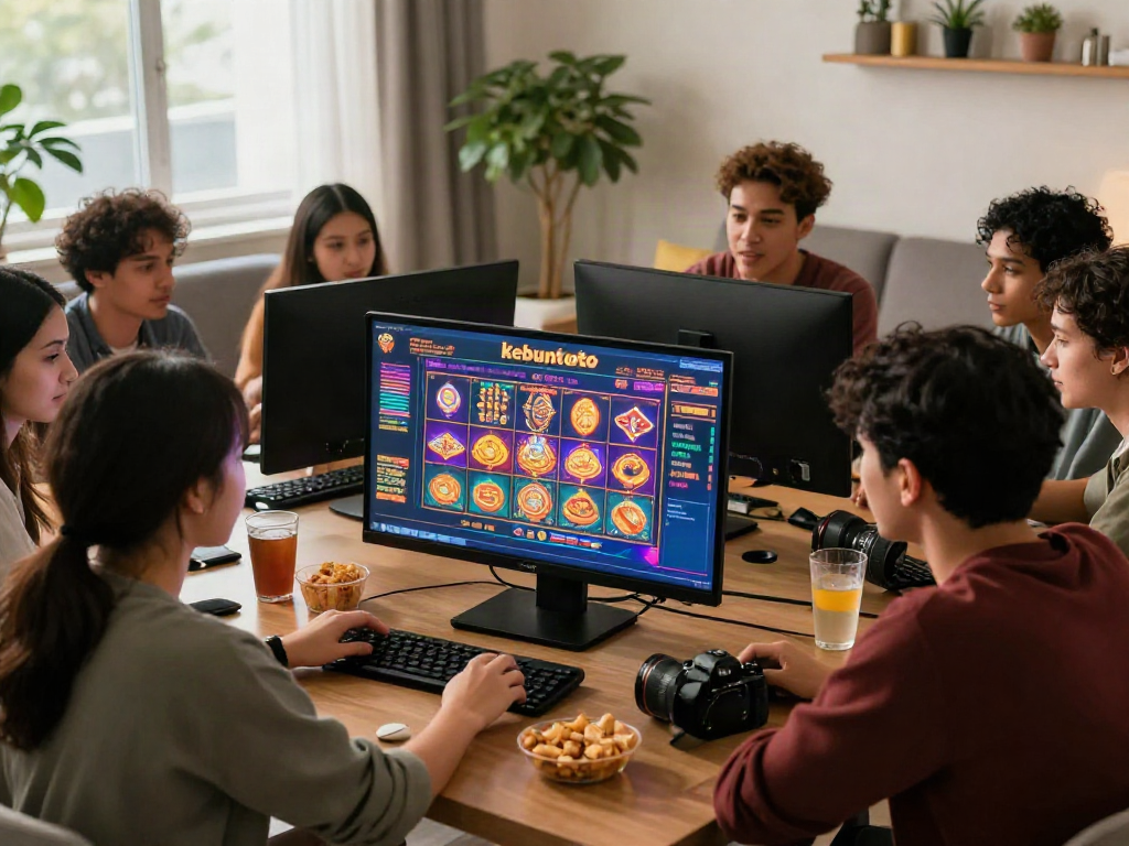 Friends enjoying kebuntoto online casino gaming experience in a cozy living room.