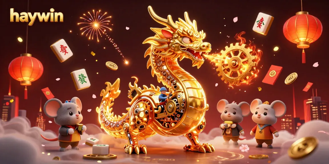 Experience the excitement of haywin with a golden dragon and vibrant gaming elements in this engaging 3D illustration.