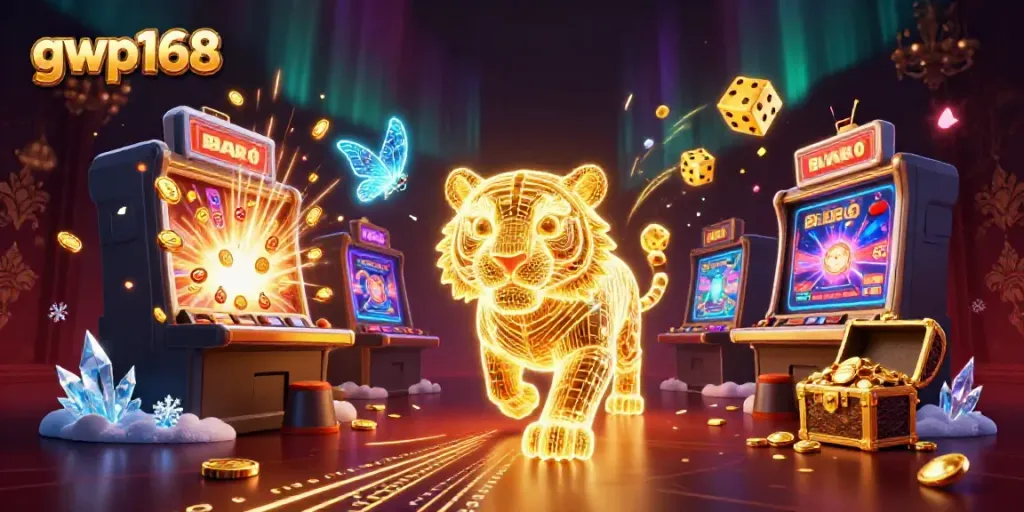 GWP168 menampilkan harimau emas neon di kasino digital, menghasilkan koin jackpot.