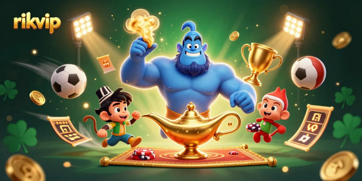 Experience excitement with rikvip's dynamic casino scene featuring a lively genie and magical elements.
