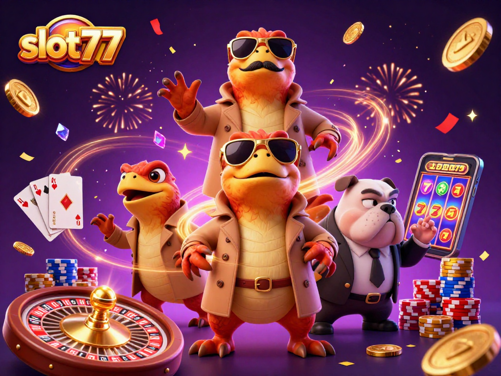 Slot777 membawa kemenangan saat bermain mesin slot dengan simbol keberuntungan dan koin emas.
