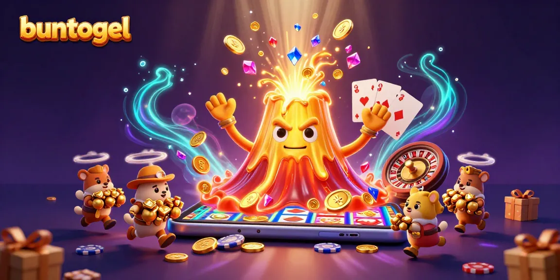 Experience the thrill of gaming at buntogel with a vibrant scene featuring erupting treasures and slot machines.