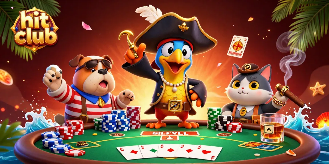 Experience the thrill of hit club with a lively scene featuring a captain parrot, bulldog, and cat at a poker table.