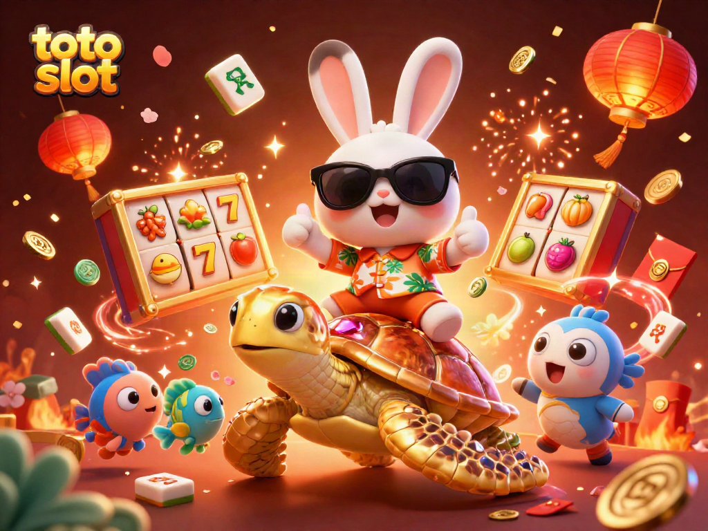 Engage with toto slot gameplay through a vibrant 3D illustration featuring a lucky rabbit and golden sea turtle.