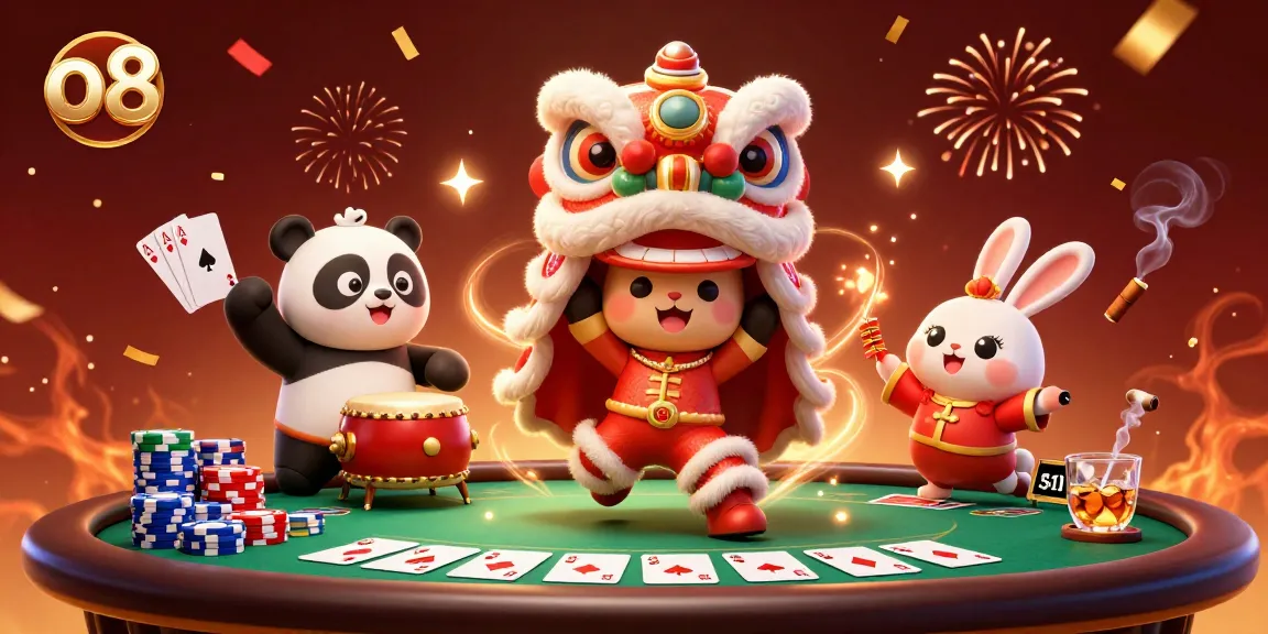 Celebrate wins at o8 with an exciting 3D lion dance and poker-themed scene filled with vibrant casino elements.