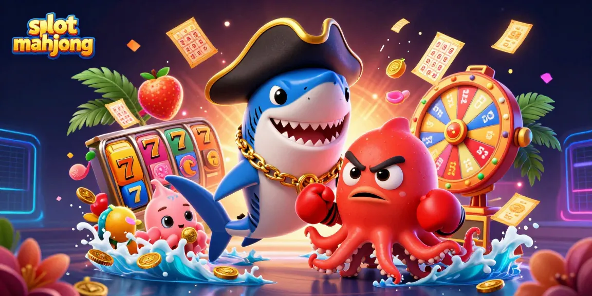 Experience the thrill of slot mahjong with vibrant reels, coins, and dynamic characters in a lively casino scene.