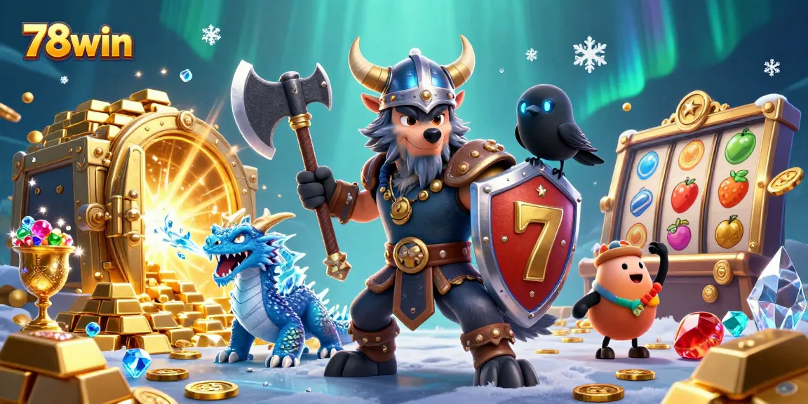 Experience thrilling gaming at 78win with a Viking warrior, dragon, and vibrant slots