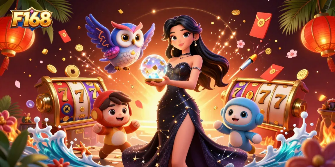 Players engage with F168's vibrant online casino games, showcasing lively slot reels and magical elements.