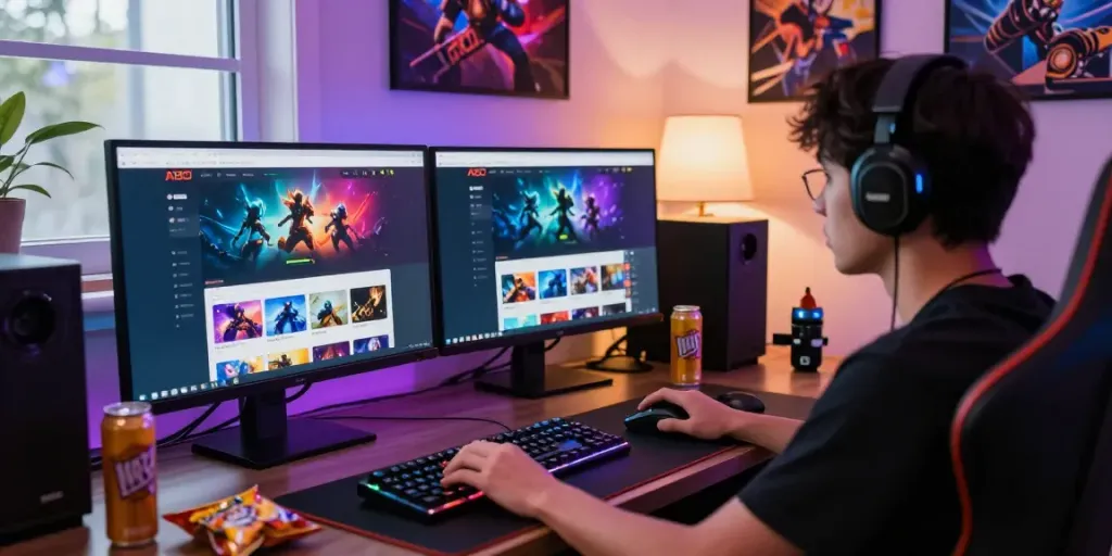 Gamer immersed in gameplay on A80 website, vibrant dual monitor setup.