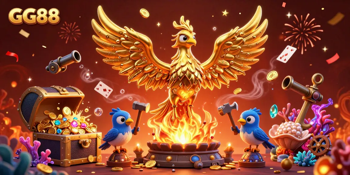 Spin the reels for jackpots with GG88's immersive casino-themed 3D illustration featuring a magnificent phoenix.