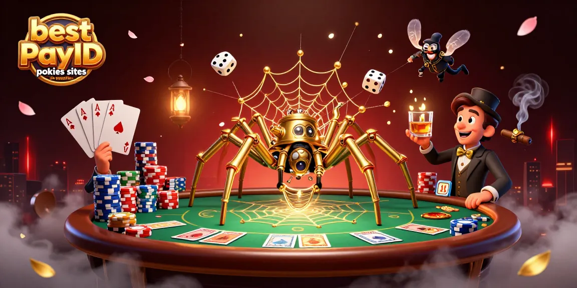 Iconic 3D illustration showcasing the best PayID pokies sites in Australia with poker elements and a steampunk spider.