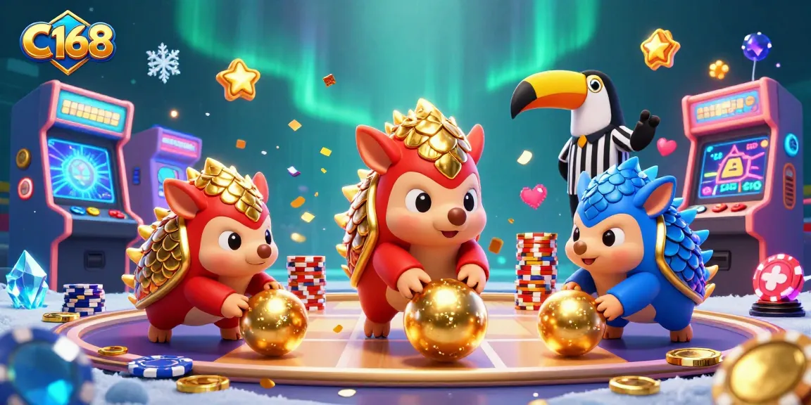 Engage in thrilling gaming action at C168 with lively pangolins and vibrant casino elements.