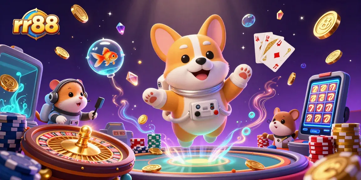 Experience fun at rr88's casino with a playful astronaut corgi, hamster, and goldfish surrounded by floating coins and game elements.