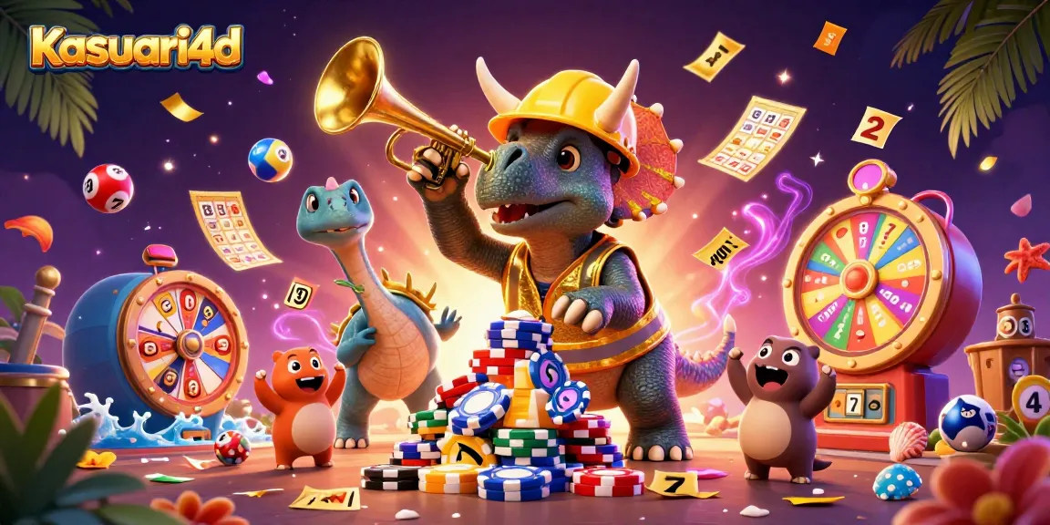Kasuari4d menghadirkan ilustrasi 3D menyenangkan dengan karakter dinosaurus beraksi di lingkungan kasino yang meriah.