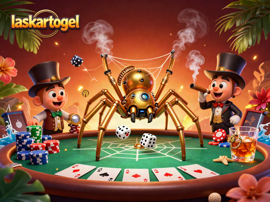 Engage with laskartogel's thrilling 3D steampunk spider and poker scene, showcasing golden chains and lively gambling elements.