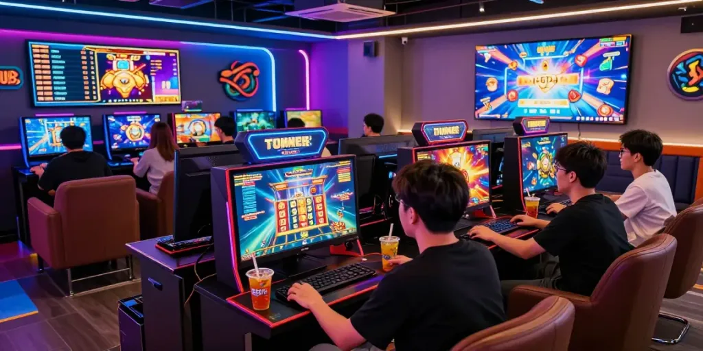 Exciting slot888 gaming scene with players winning at vibrant machines in a lively lounge.