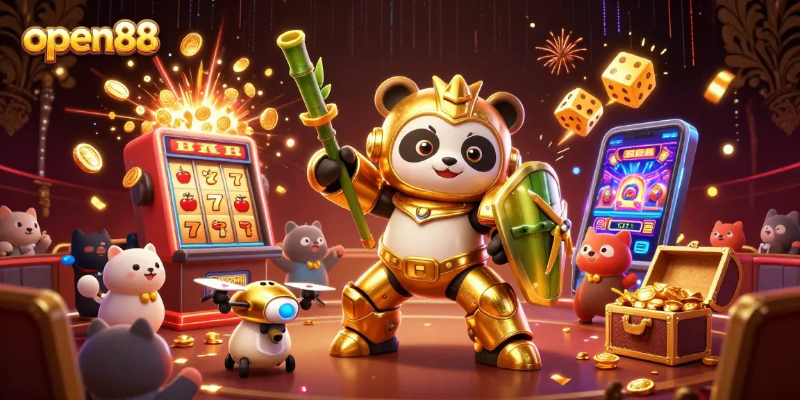 Experience the excitement at open88 with a golden panda in a mech-suit amidst a jackpot explosion.