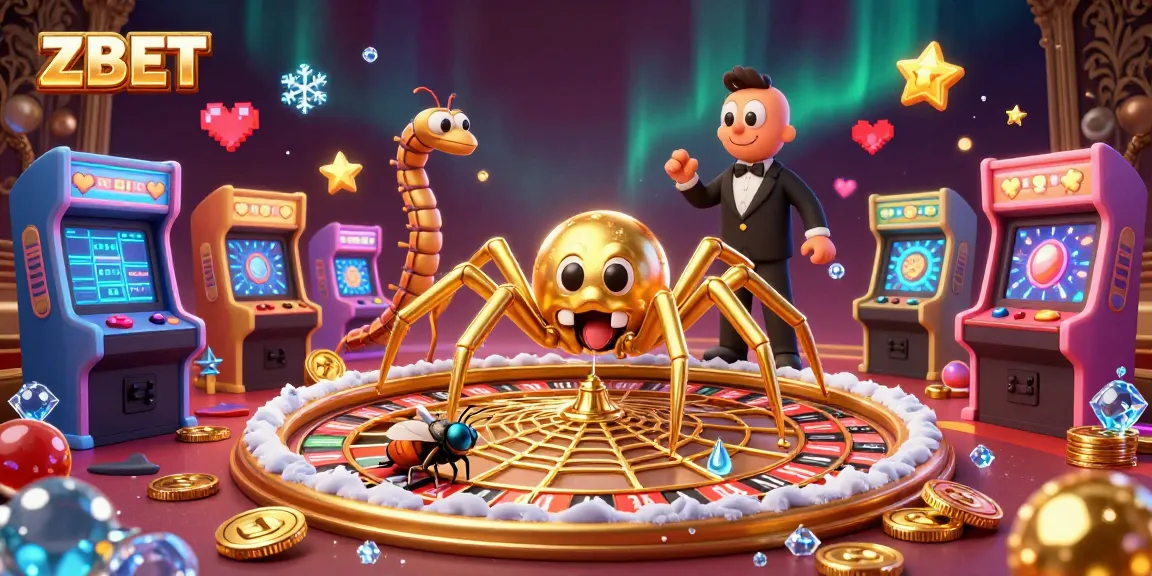 ZBET invites bettors into a vibrant 3D casino scene with a golden spider, centipede croupier, and arcade game elements.