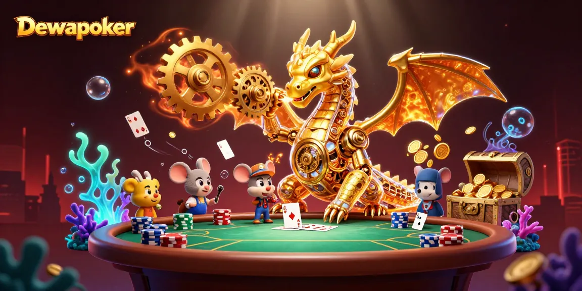 Dewapoker showcases an engaging poker scene filled with action, featuring a dragon and mouse engineer amidst vibrant casino elements.