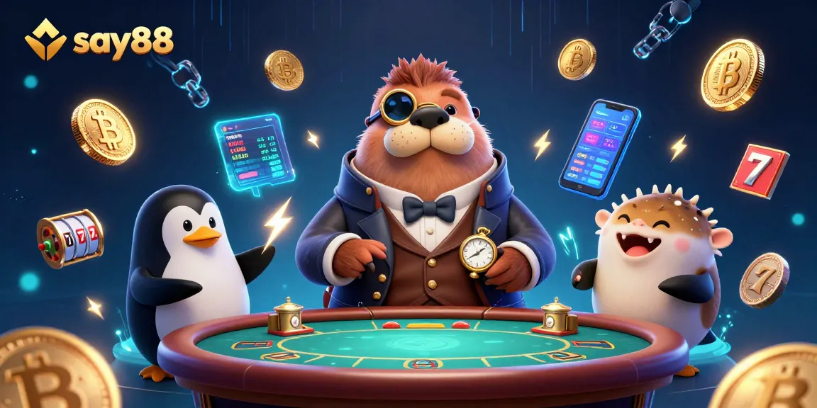 Experience thrilling wins at say88 with a jolly walrus and poker game setup!