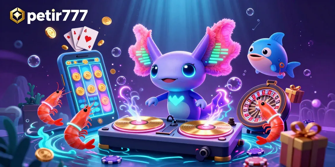 Experience the exciting world of petir777 with a vibrant casino scene featuring a DJ axolotl and animated sea creatures.