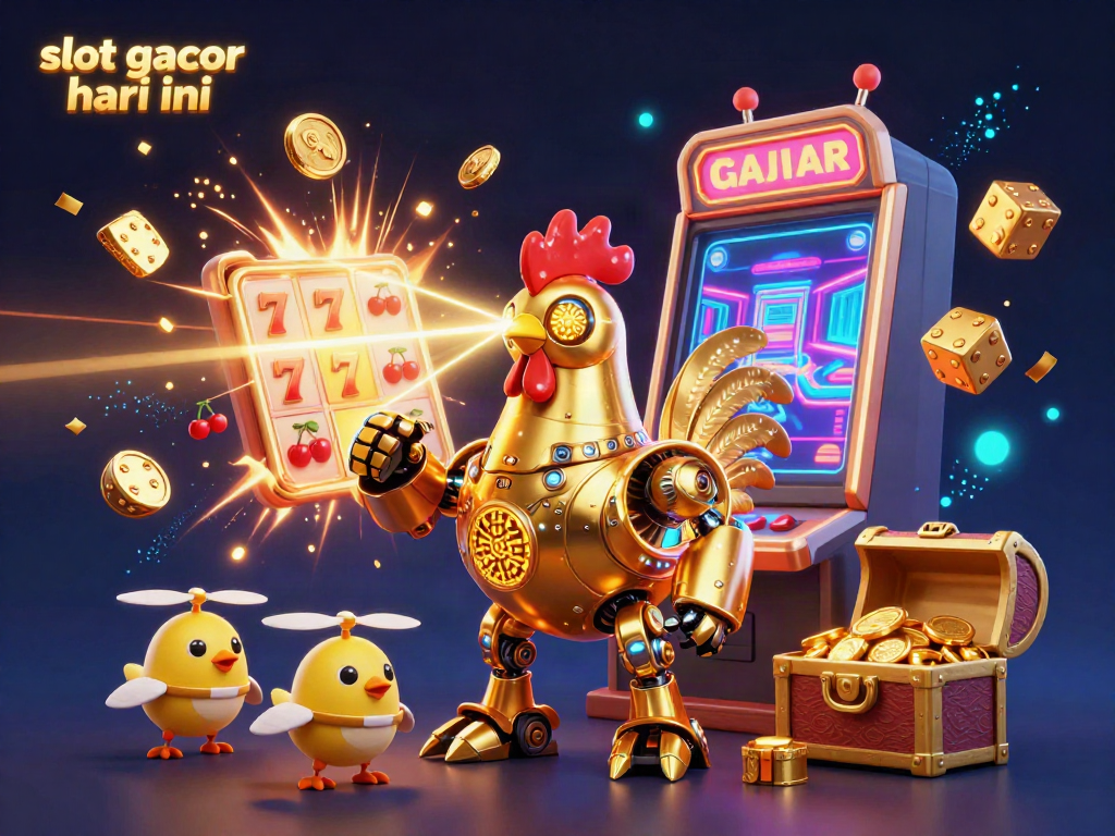 Engage with thrilling slot gacor hari ini action featuring a golden rooster robot and baby chick drones in a vibrant casino atmosphere.