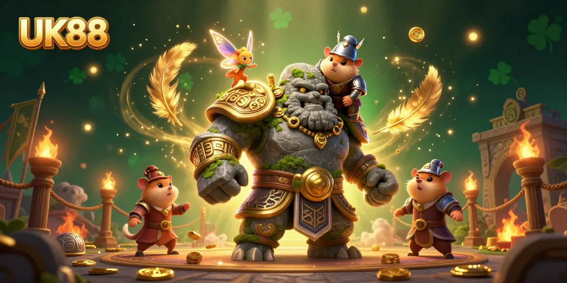 UK88 showcases an exciting scene with a golem, fairy, and hamster knight amidst gold coins and vibrant casino elements