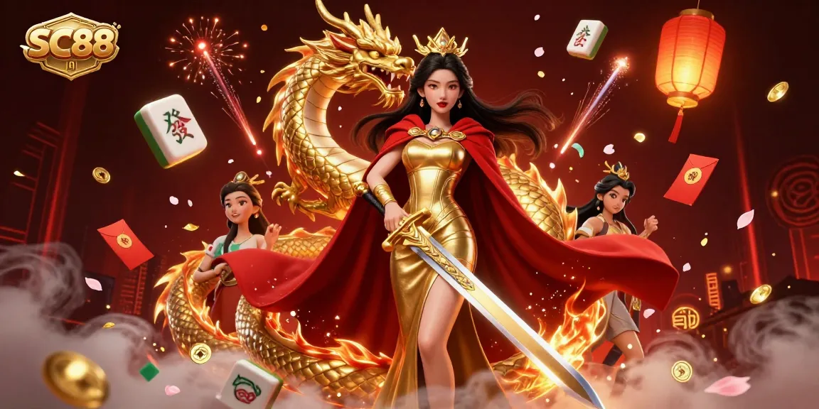 Experience SC88's vibrant casino world with a warrior queen and golden dragon amidst festive game symbols.
